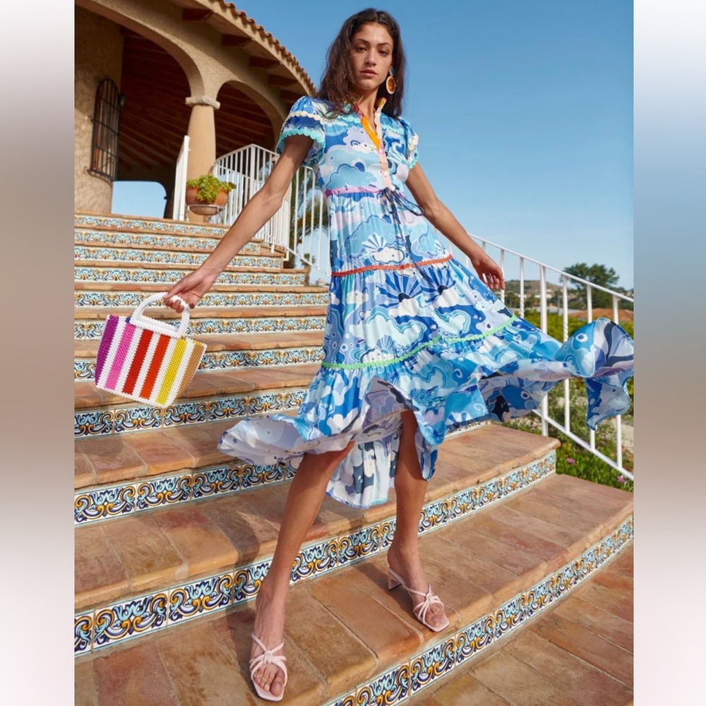 CeliaB Adhara Blue Sky Print RicRac Button Front Tiered Midi Dress